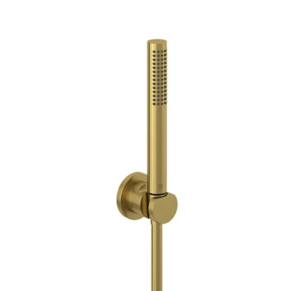 Brausekopf und Halterung in gebürstetem Gold von Kludi, mit einer schmalen, rechtwinkligen Form und einer strukturierten Oberfläche für eine gezielte Wasserverteilung.